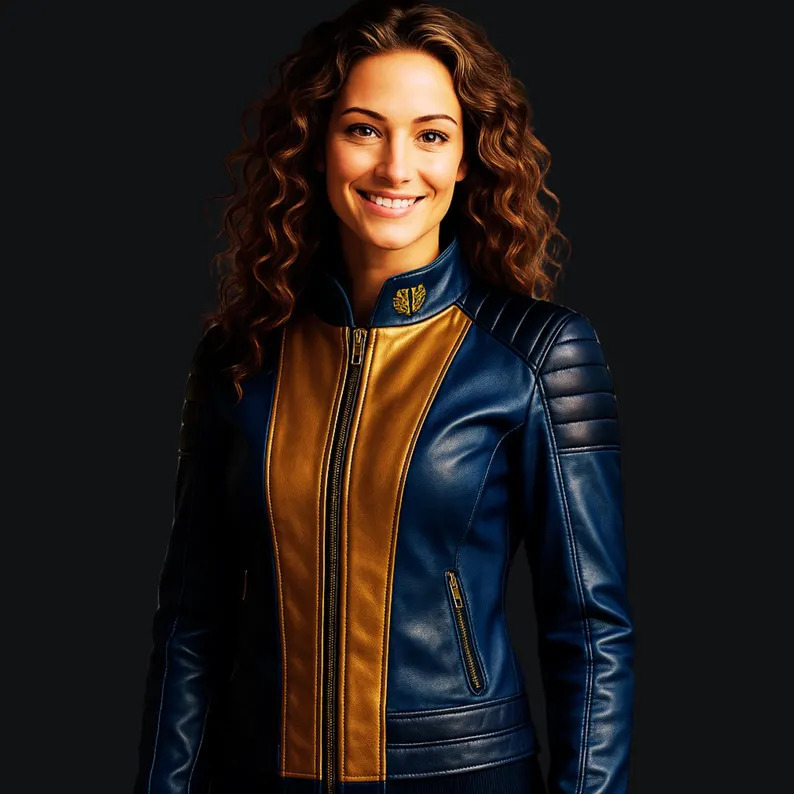 Genuine LeatherBlue &amp; Gold Biker Leather Jacket By DSHARKS - $160.00+