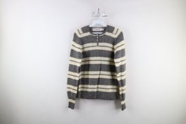 Vtg 60s 70s Mid Century Modern Womens 40 Wool Knit Striped Henley Sweater Gray - £46.68 GBP