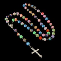 COLORFUL ROSARY 30&quot; Necklace 6&quot; Drop 8mm Fimo Clay Prayer Bead Crucifix ... - $9.95