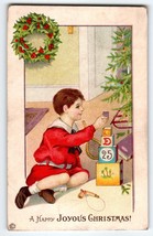 Christmas Postcard Child Boy With Toy Building Blocks Xmas Tree 1917 Stecher 632 - £12.28 GBP