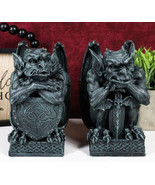 Set of 2 Notre Dame Gothic Guardian Gargoyles With Bat Sword &amp; Shield Fi... - $804.05 MXN