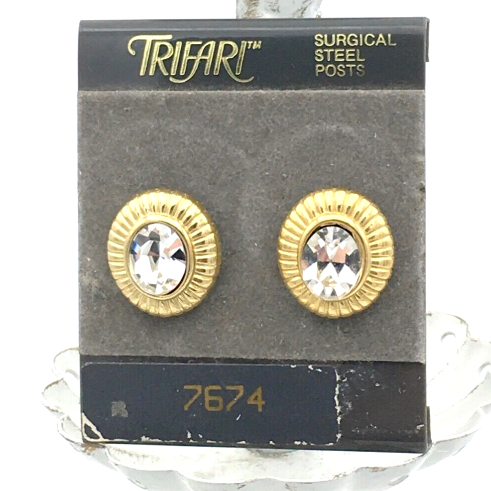 Primary image for TRIFARI gold-tone oval rhinestone earrings on card - vintage new old stock flaw