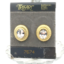 TRIFARI gold-tone oval rhinestone earrings on card - vintage new old sto... - £12.01 GBP
