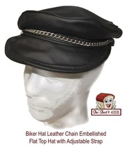 Leather Biker Hat Chain Embellished Flat Top Leather Hat with Adjustable Strap - £15.92 GBP