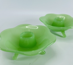 Pair Fenton Green Jadeite Glass 6 Petal Flower Footed Taper Candle Holders VTG - £43.25 GBP