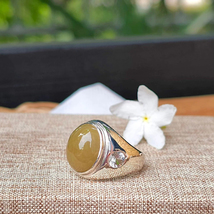 Rare Yellow Honey Jade Ring Translucent 925 Silver Band Cz Natural Ring Size 57 - £138.28 GBP