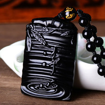 Balance Life Natural Black Obsidian Crystal Carving Happy &amp; Lucky Amulet Pendant - £19.74 GBP