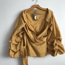 Lucy Wang Shirt L Yellow Rouched Off Shoulder Long Sleeve Yellow Blouse Cowlneck - £24.69 GBP