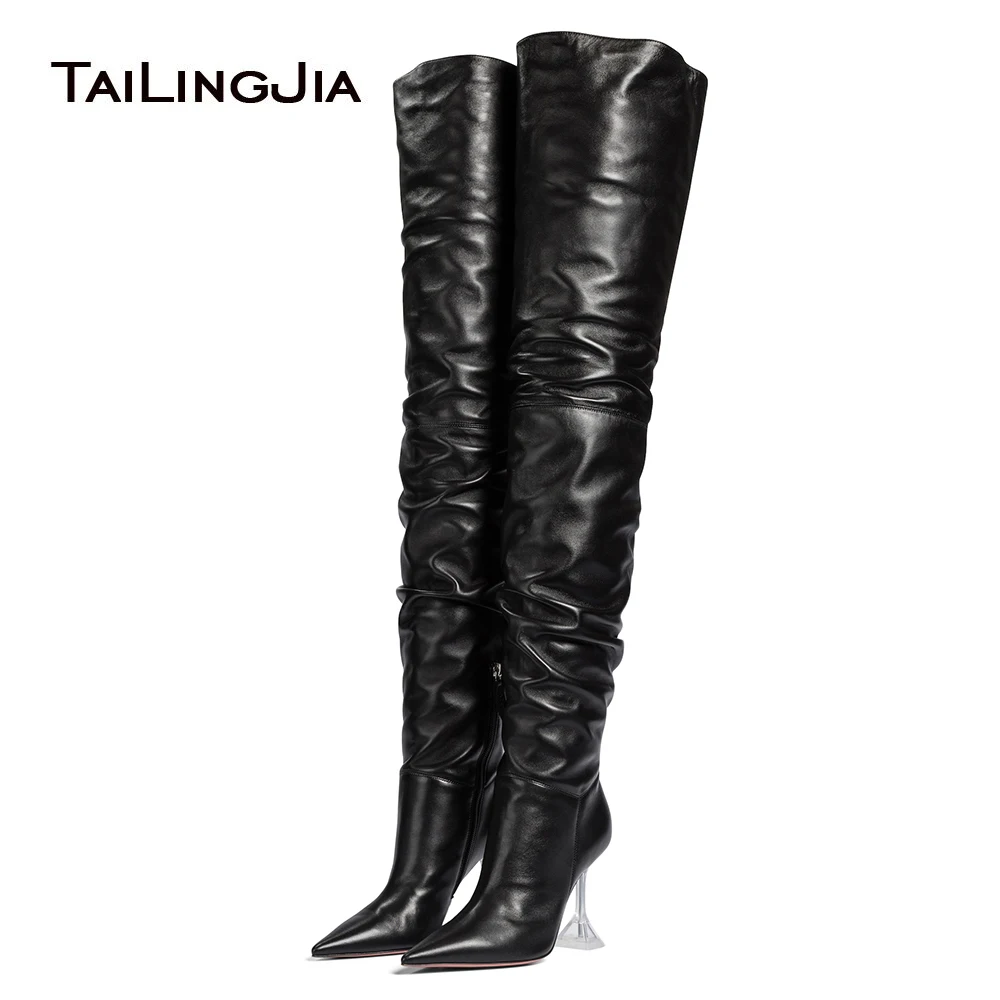 2022 Winter Ladies High Heel Black Thigh High Boots Clear Heel Pointed Toe Over - £142.33 GBP