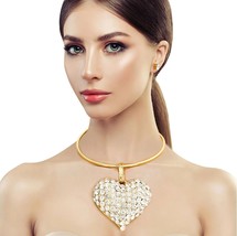 Fashion Heart Pendant Clear Crystal Gold Plated Rigid Collar Necklace Set - $57.82
