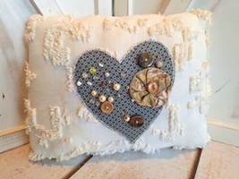 Handmade Heart  Beaded/Button Pillow Vintage Quilt Chenille Bedspread 8&quot;... - £13.12 GBP