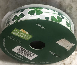 Saint Patricks Crafts Green Shamrocks On White Satin Ribbon:7/8inc/10yd - £5.47 GBP