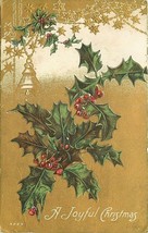 Embossed Postcard N134 Joyful Christmas Stars Bell Holly Gold Trim ca1910s - £3.71 GBP