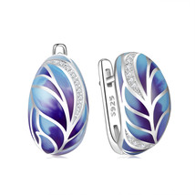 Silver 925 Jewelry Sets Big Fashion Blue Blooming Feather Handmade Enamel Stud E - £79.50 GBP
