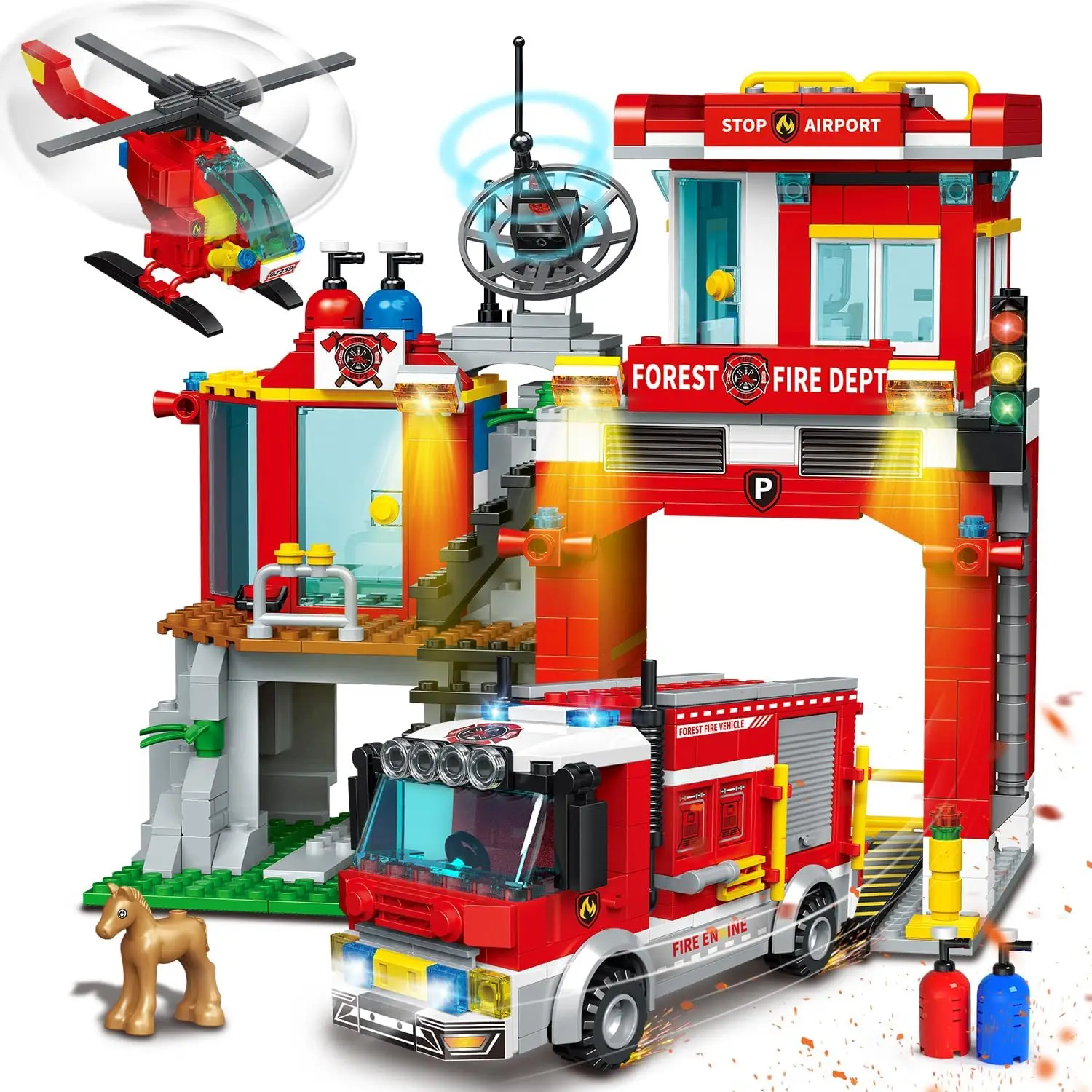 HOGOKIDS Fire Station Building Blocks Toy with Fire Truck &amp; Rescue Helicopter - £48.68 GBP