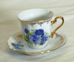 KT Czech Tea Cup &amp; Saucer Set Dark &amp; Light Purple Roses Gold Trim - £21.30 GBP