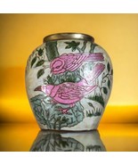 Vintage Brass and Enamel Cloisonné Floral Bud Flat Vase 4.25&quot; Pink Birds... - $51.61 CAD