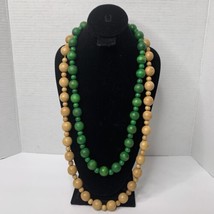 2 Pc Vintage Handmade Boho Rope Necklaces Brown Green Wooden Various Size Beads - £6.39 GBP