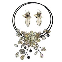 Brilliant Smoky Crystal Floral Garden Necklace and Earring Jewelry Set - £26.57 GBP