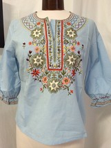 Moyna Embroidered Peasent Boho 3/4 Sleeve Cotton Shirt Nwt - $23.75