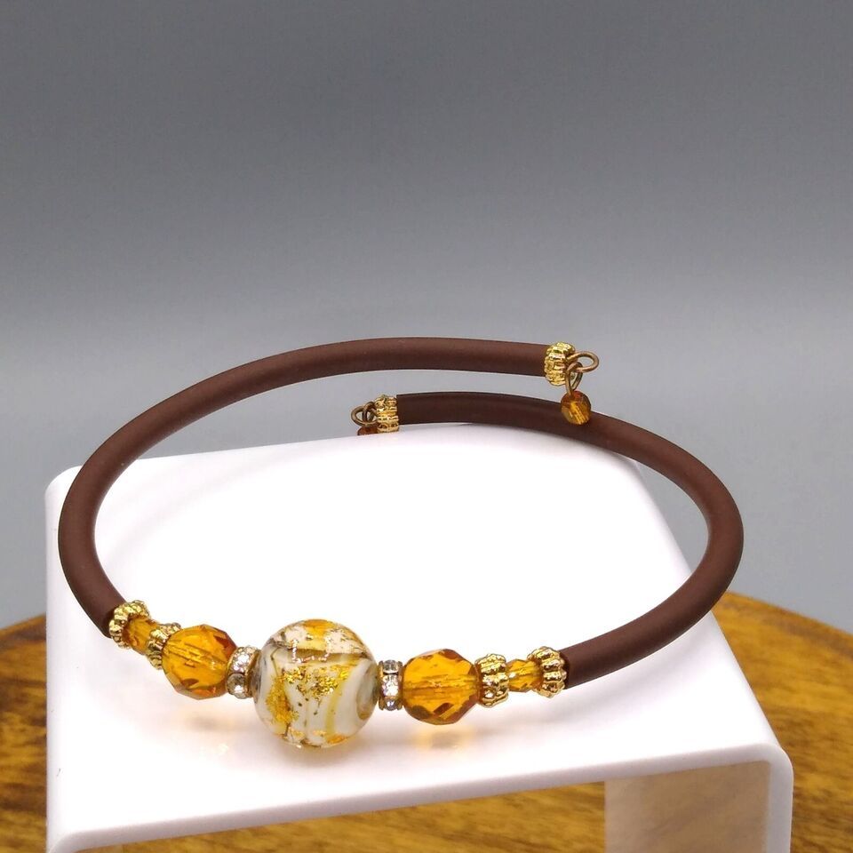 Murano Art Glass Silicone Bracelet, Elegant Brown Orange and Gold Crystal Accent - $38.70