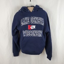 Lake Geneva Wisconsin Jerzees Hoodie Sweatshirt Adult Small Blue Sewn Le... - $23.99