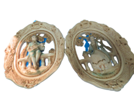 Vtg 1970s Rococo Chalkware Victorian Man Woman 3D Oval Ornate Wall Art Lot Of 2 - £71.22 GBP