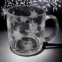 Barnies Coffee &amp; Tea Company Coffee Cup Mug Glass Clear Snowflakes Vintage Xmas - £17.82 GBP