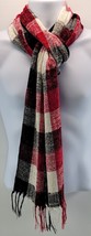 GA3) Vintage Women Checkered Plaid Fringed Tassel Scarf Red Black White 66&quot; - £5.29 GBP