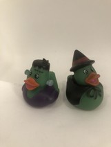 Set Of 2 Halloween Witch &amp; Frankenstein Rubber Ducks 2” Size Bath Tub Toy - £7.83 GBP