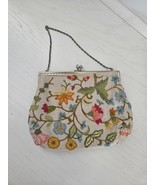 Vtg Floral Garden Crewel Hand Embroidered Linen Purse Silver Chain Grann... - $19.99