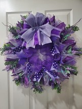 Purple Floral Deco Mesh Door/Wall Wreath 23x23 inches Handmade - £43.69 GBP