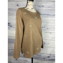 Talbots Cotton Tee Shirt Women S Brown Beaded Snowflakes Scoop Neck Long Sleeve - $13.37