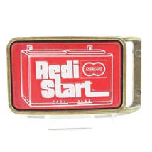 Vintage Brass Belt Buckle Farmland Redi Start Battery Tractor Farm Supply Red  - £29.81 GBP