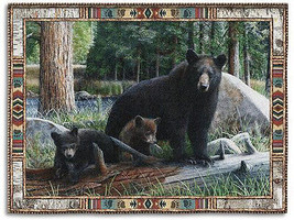 72x54 BLACK BEAR &amp; Cubs Wildllife Nature Tapestry Afghan Throw Blanket - £50.36 GBP