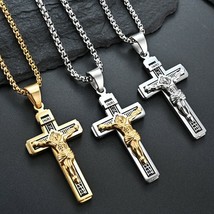Mens Silver Gold Jesus Christ Crucifix Cross Pendant Necklace Christian Jewelry - £9.57 GBP