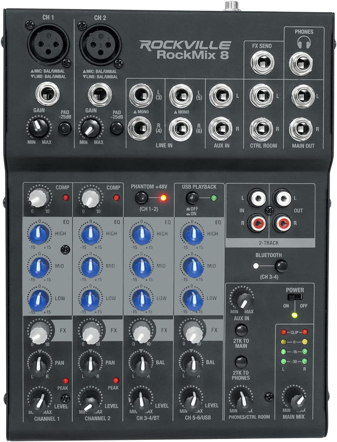 Rockville Rockmix 8 Channel Mixer W Usb Recording Interface+Compressor+B... - $87.99