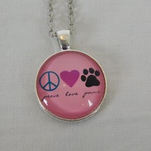 Peace Love Paws Pet Lover Cats Silver Tone Cabochon Pendant Chain Necklace Round - £2.37 GBP