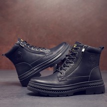 ZSAUAN Vintage Zipper Leather Boots for Men Roung Toe Tough Men Casual Combat Bo - £63.78 GBP