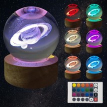 3D Saturn Crystal Ball 2.36&quot; With Led Lamp Colorful Wooden Base,Night Light With - $25.99