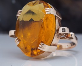 Huge Estate Simulated Citrine  Orange Glass Ring Art Deco 10K Rose Gold Setting - £369.13 GBP
