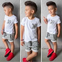 2pcs Kids Baby Boys Summer Casual White T-shirt Short Sleeve+Striped Sho... - £12.57 GBP