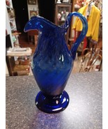 Vintage Footed Cobalt Blue Glass Pitcher Carafe Handle Handblown 11&quot; - $64.34