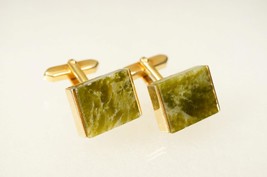 Vintage Mens Jewelry Cuff Links Nephrite Jade Gemstone MCM Gold Tone Metal - $28.70