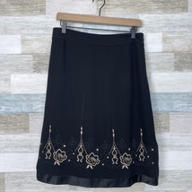 LOFT Floral Beaded Embroidered Hem Skirt Black Beige Satin Trim Lined Wo... - £13.77 GBP