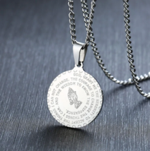 316L Stainless Steel Double-Sided Serenity + Our Father Prayer Pendant Necklace - £17.25 GBP