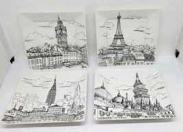 222 FIFTH Square Tidbit Dessert Appetizer Plates CITY SCENES Black &amp; Whi... - £17.26 GBP