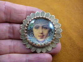 z30-22) Smiling Woman mystical face Czech glass button textured brass brooch pin - $31.78