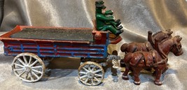 Vintage Antique Cast Iron 2 Horse Drawn  Wagon  w/ 2 people - £42.24 GBP