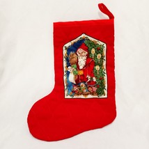 Vintage Old World Santa Christmas Stocking Red 13&quot; Quilted Trees Toys - £15.66 GBP